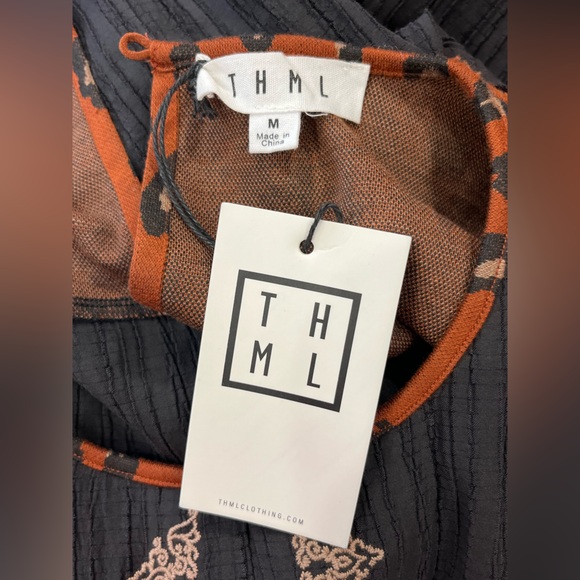THML Embroidered Boho Blouse Medium Black Rust Leopard Back Long Sleeve Top - Picture 8 of 10